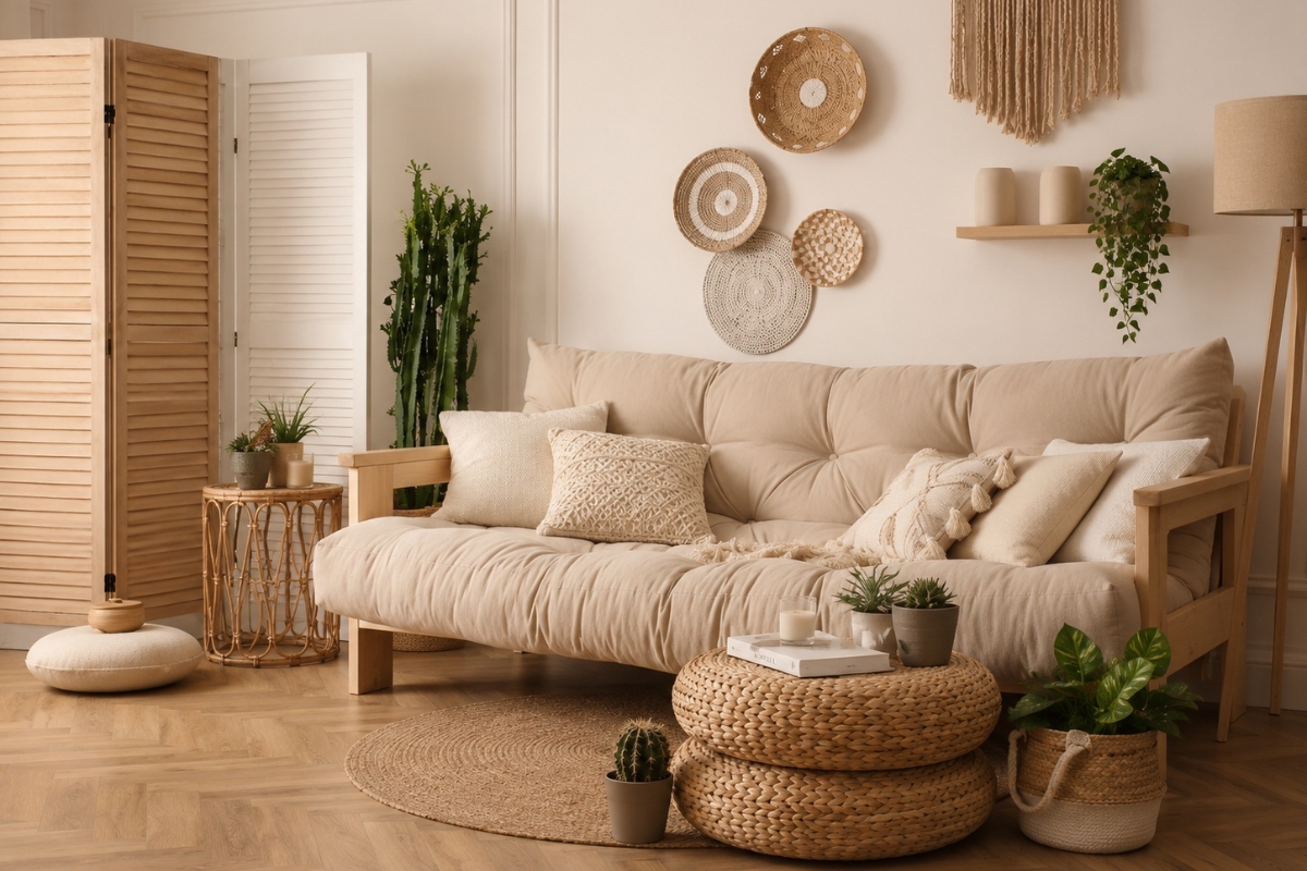 prikaz dnevne sobe sređene u boho stilu sa drvenim nameštajem